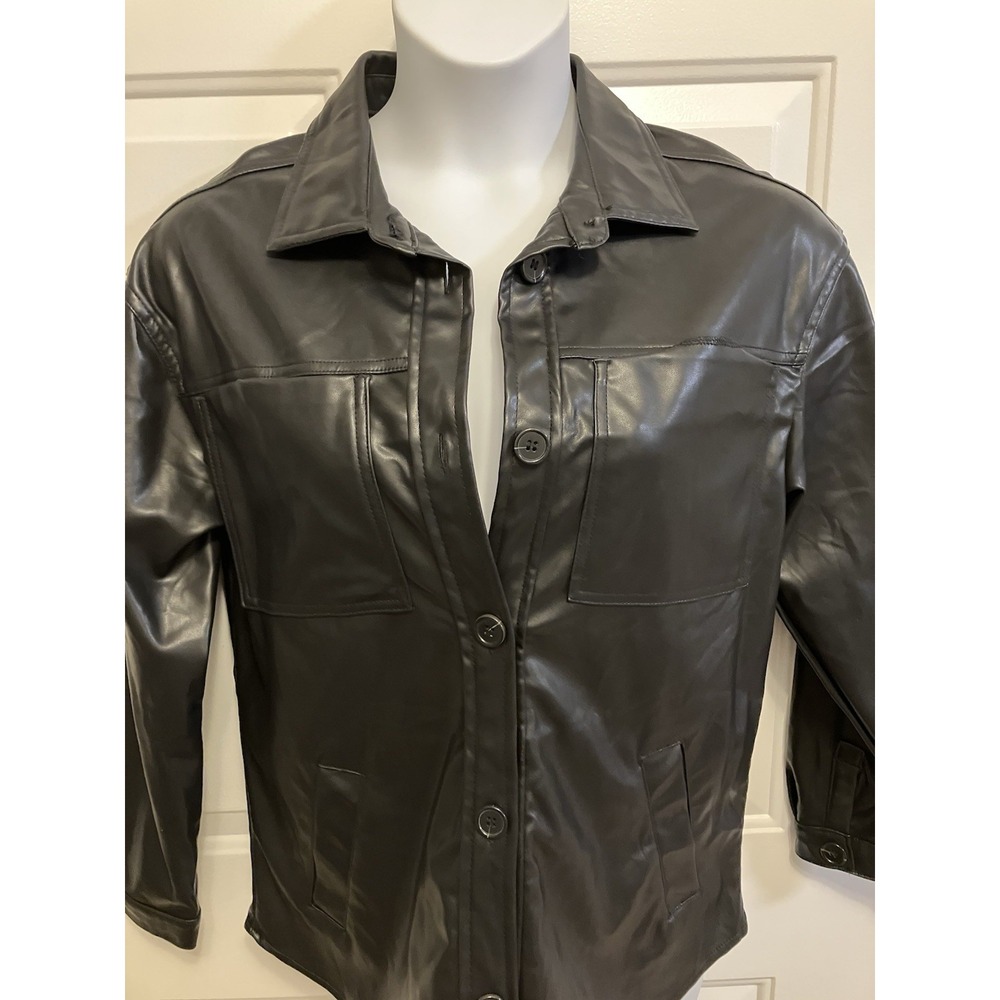 Stoosh Jacket Shirt Long‎ Women's Large Black Faux Leather Button Up Shacket - Picture 2 of 7